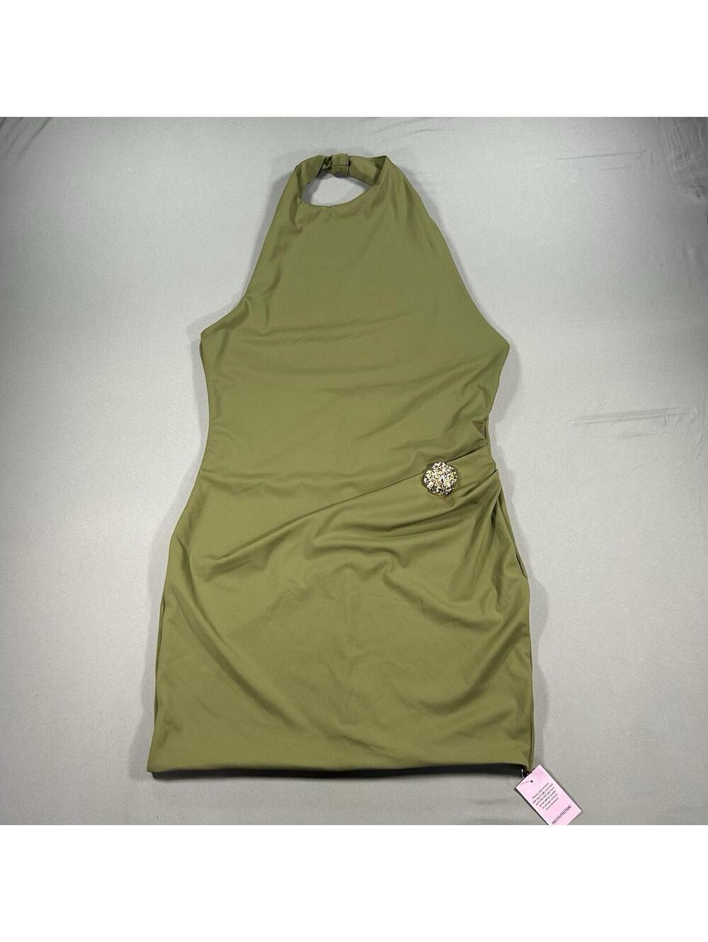 PrettyLittleThing Olive Green Halter Bodycon Dress with Embellished Buckle